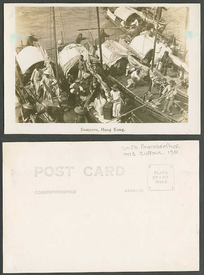Hong Kong 1931 Old Real Photo Postcard Sampans, HMS Suffolk, Ship's Photographer