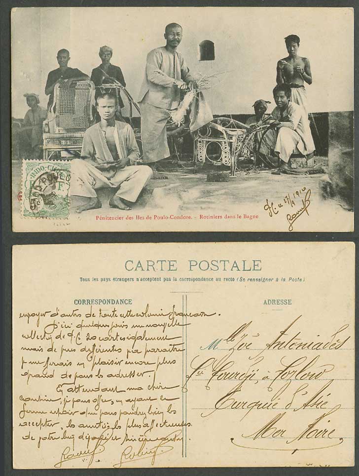 Indochina 1910 Old Postcard Poulo-Condore Penitentiary Bagne Rattan Chair Making