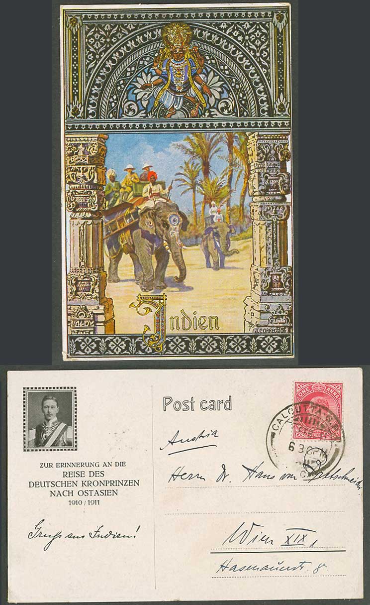 India J. Correggio 1a 1911 Old Postcard Elephants Riders Deity God German Prince