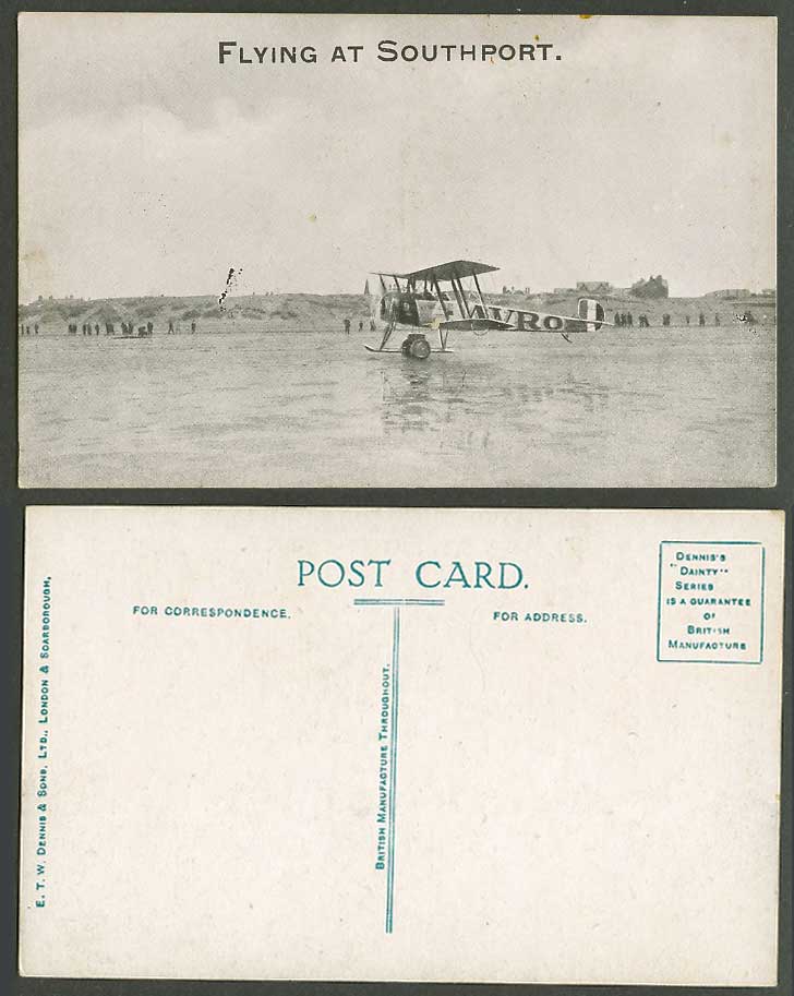 Biplane AVRO Airplane Aircraft Flying at Southport Lancashire Plane Old Postcard