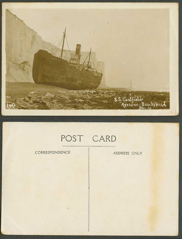 S.S. Eastfield Ship aground Beachy Head 1909 Old Real Photo Postcard Lighthouse