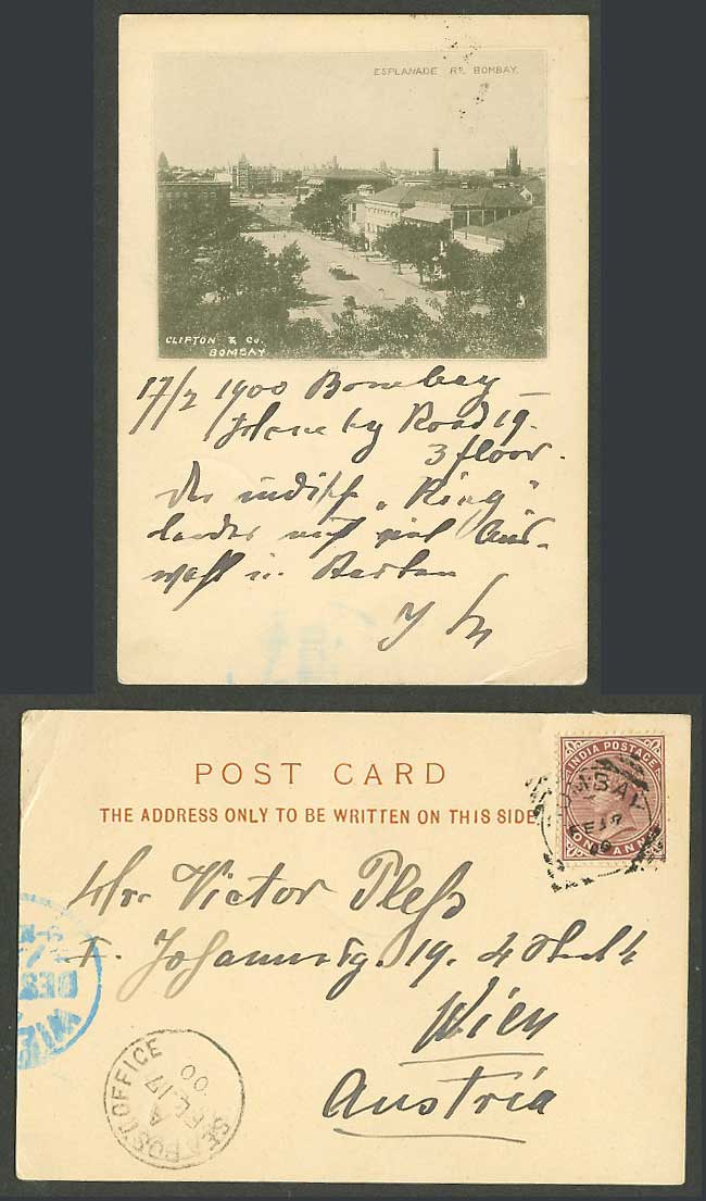 India QV 1a Sea P.O. 1900 Old UB Postcard Esplanade Road Bombay TRAM, Court Size