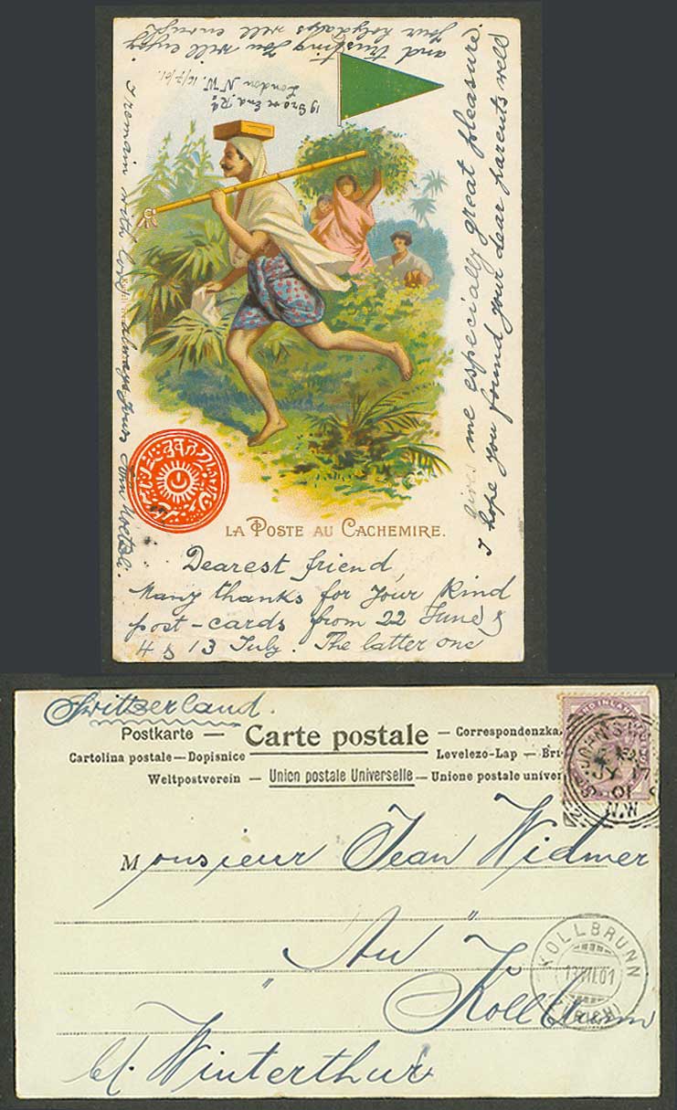 India QV 1d 1901 Old UB Postcard Postman Kashmir Cashmere, La Poste au Cachemire