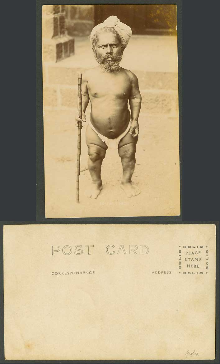 India Old Real Photo Postcard Native Indian Man Dwarf 32 inch High Walking Stick