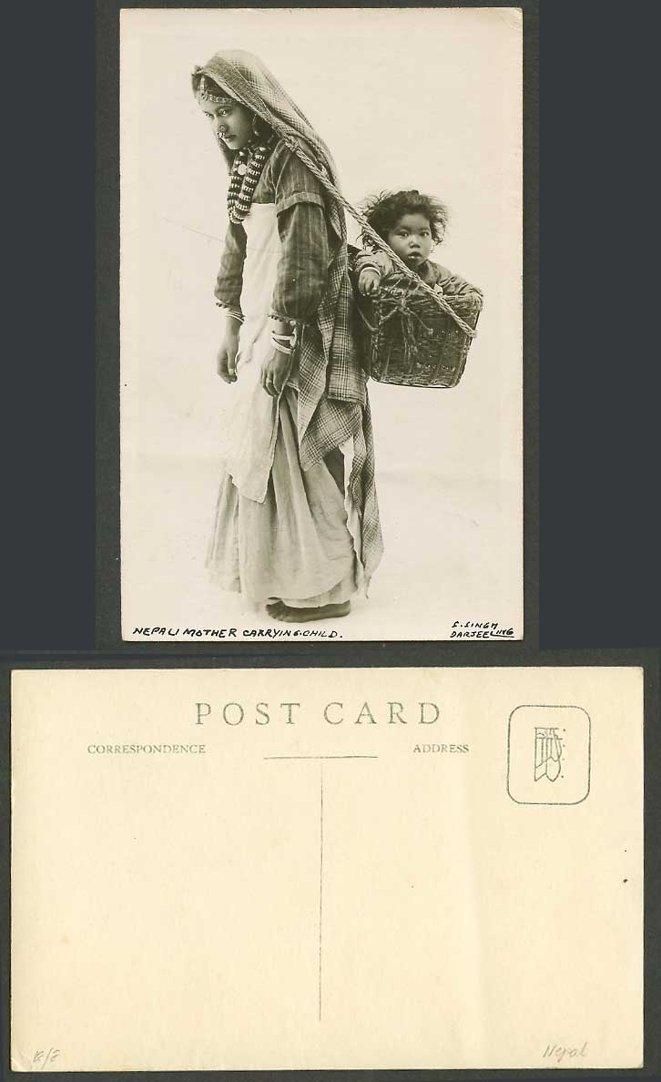 Nepal Old Real Photo Postcard Nepali Mother Woman Carrying Child Baby in Basket
