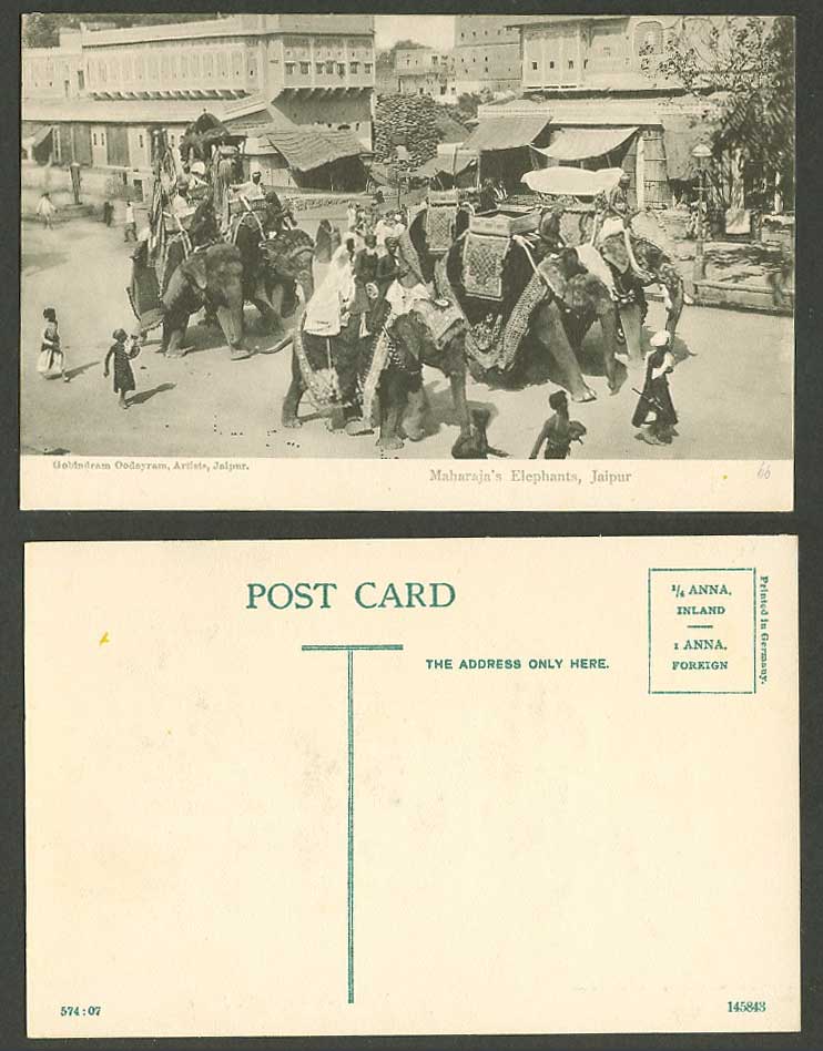 India Old Postcard Jaipur Decorated Maharaja's Elephants Jeypore Street Scene