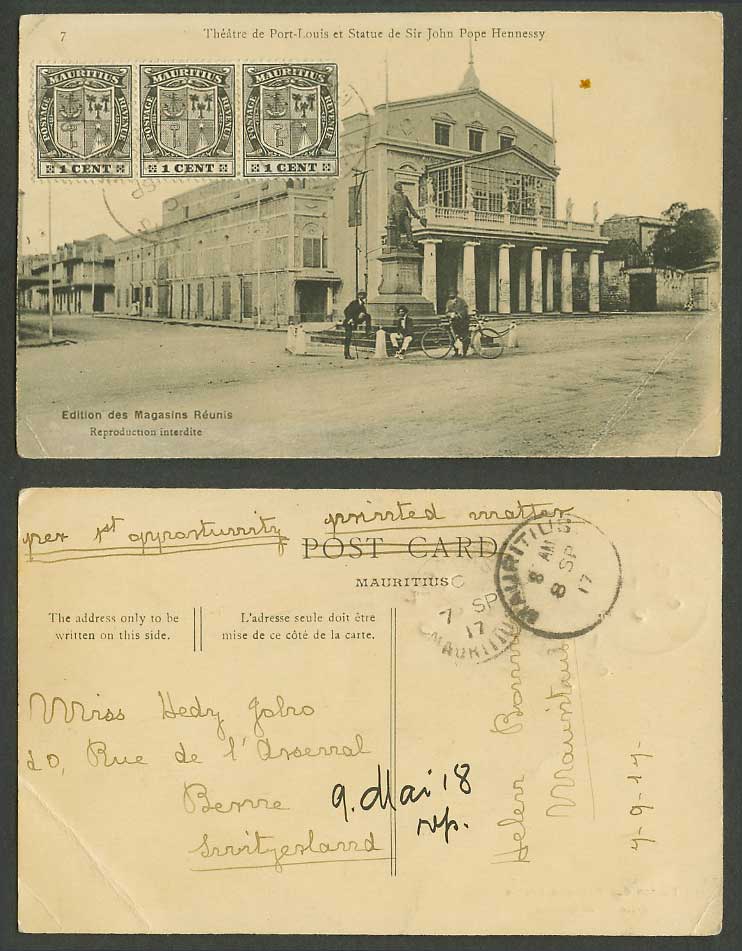 Mauritius 1c 1917 Old Postcard Port Louis THEATRE J Pope Hennessy Statue Bicycle