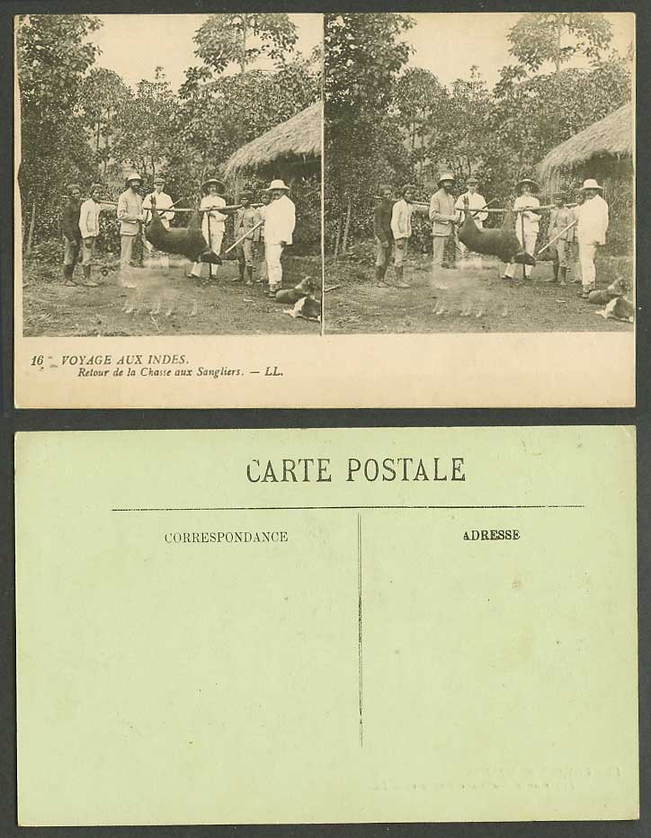 Indonesia DEI Stereo View Old Postcard Return from Wild Boar Hunt Natives L.L.16