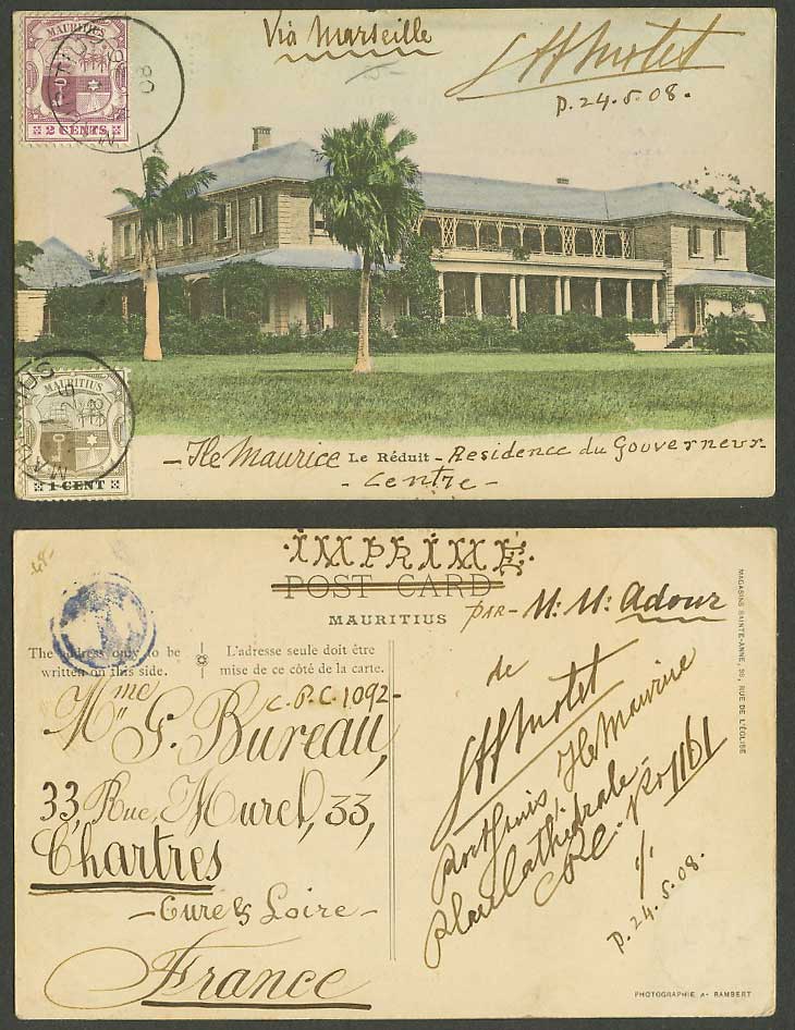 Mauritius 1c 2c 1908 Old Hand Tinted Postcard Le Reduit, Residence du Gouverneur