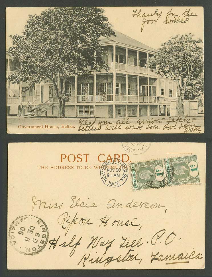 Belize British Honduras KE7 1c x2 1905 Old UB Postcard Government House Building