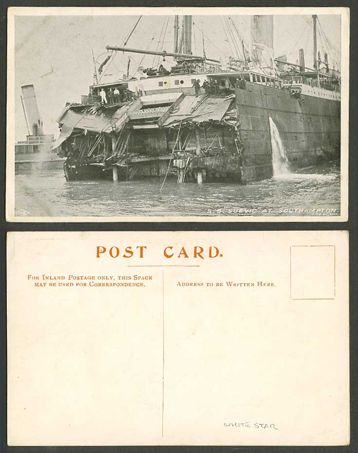 White Star S.S. Suevic Steam Ship Wreckage at Southampton Shipwreck Old Postcard