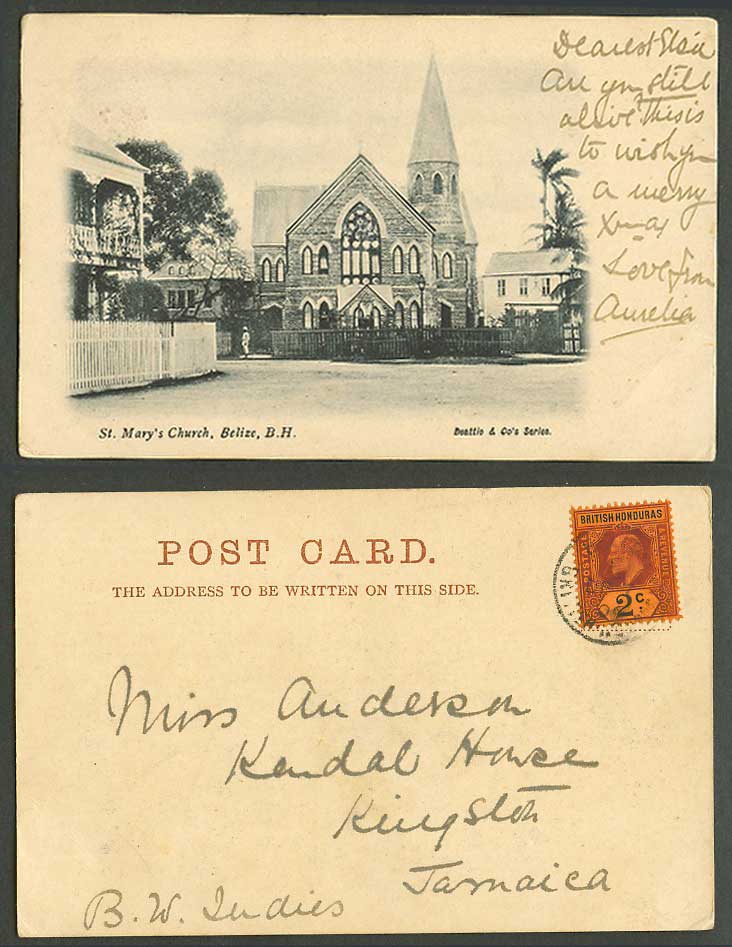 Belize British Honduras 2c 1906 Old UB Postcard St. Mary's Church, Street Scene