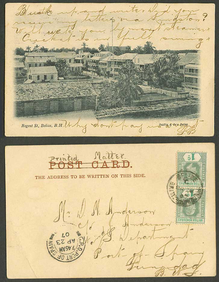Belize Regent St. Street Scene, British Honduras KE7 1c x 2 1907 Old UB Postcard