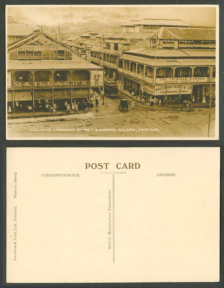 Trinidad Old Postcard Corner of Frederick Street Marine Square Street Scene TRAM