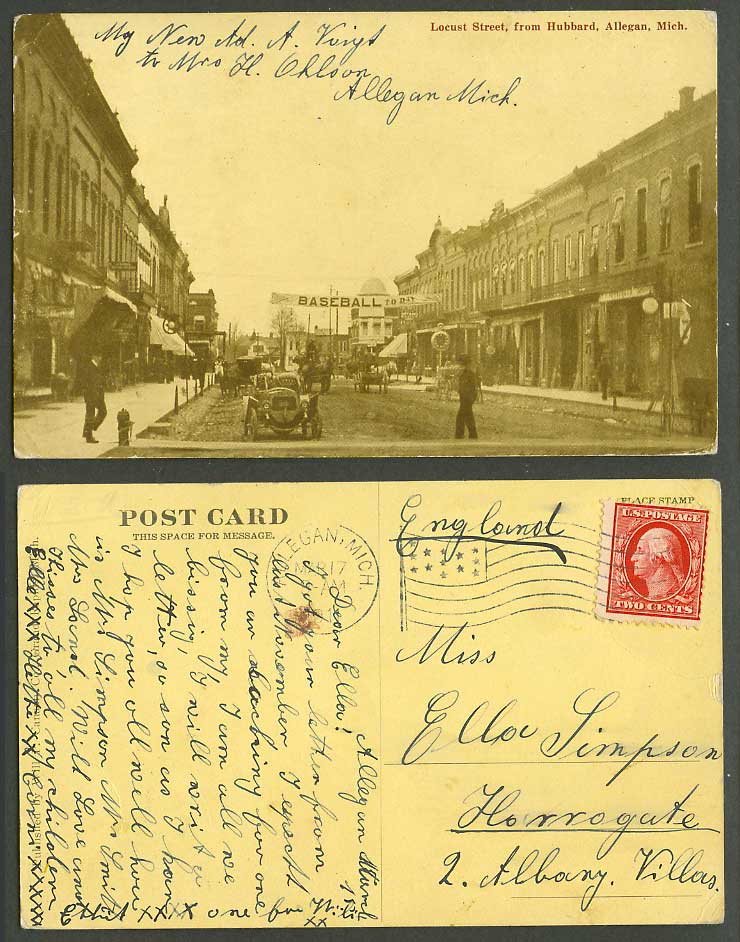 USA 1911 Old Postcard BASEBALL Locust Street from Hubbard Allegan Mich Motor Car
