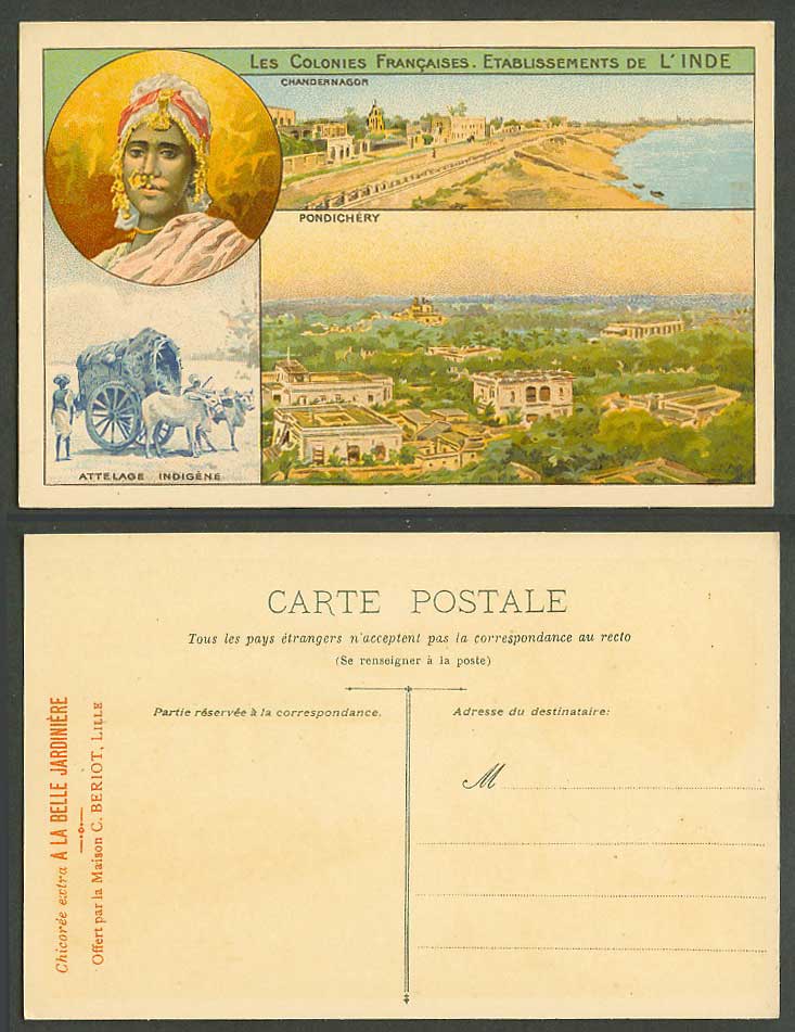 India, French Colonies Old Postcard Pondichery Panorama Hindu Woman Bullock Cart