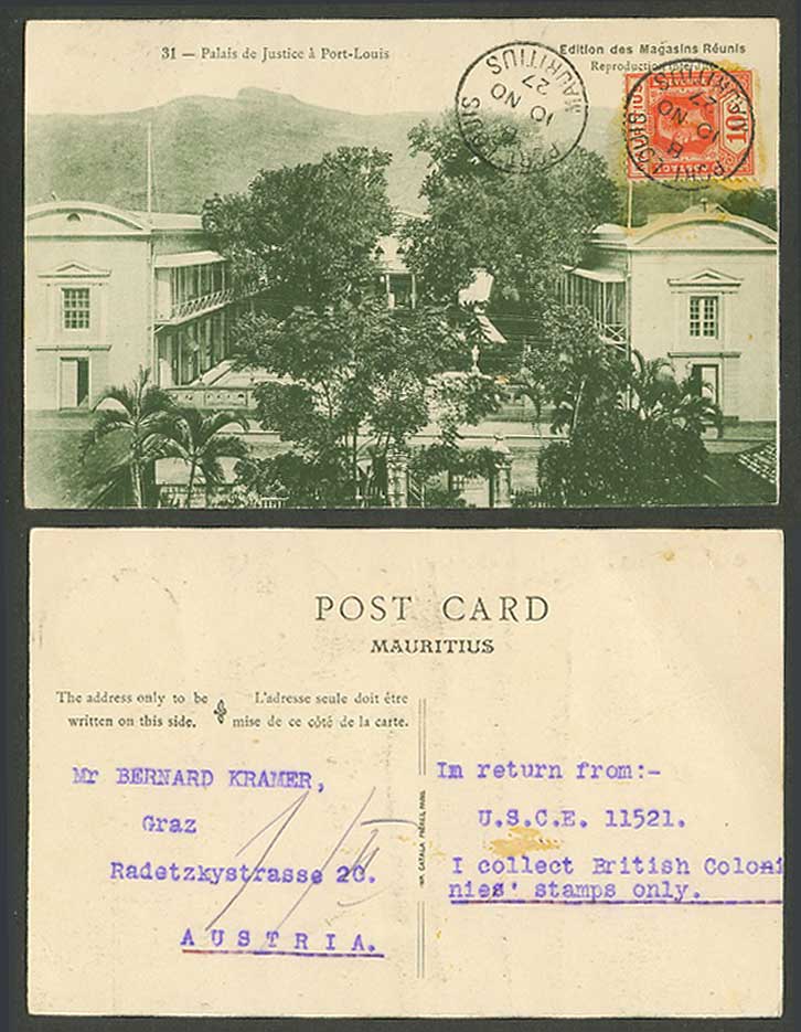 Mauritius KG 10c 1927 Old Postcard Port Louis Palais de Justice Court Law Courts