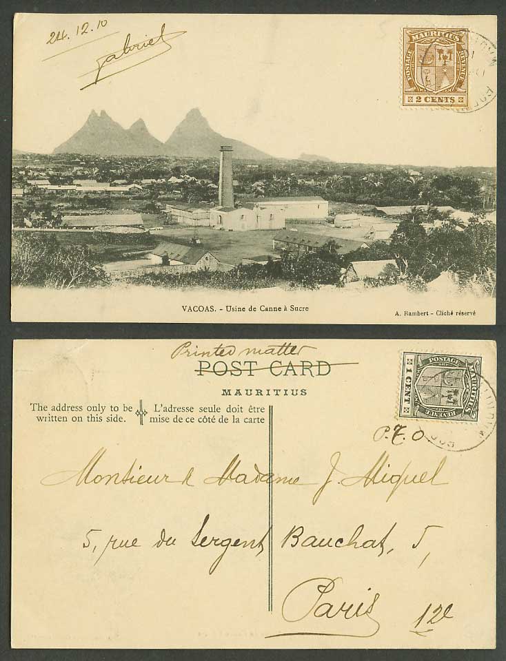 Mauritius 2c 1910 Old Postcard Vacoas Usine de Canne Sucre Sugar Cane Plantation