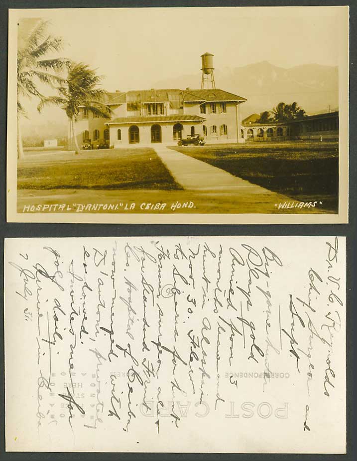 Honduras Old Real Photo Postcard La Ceiba Hospital Vicente D'Antoni Car Williams
