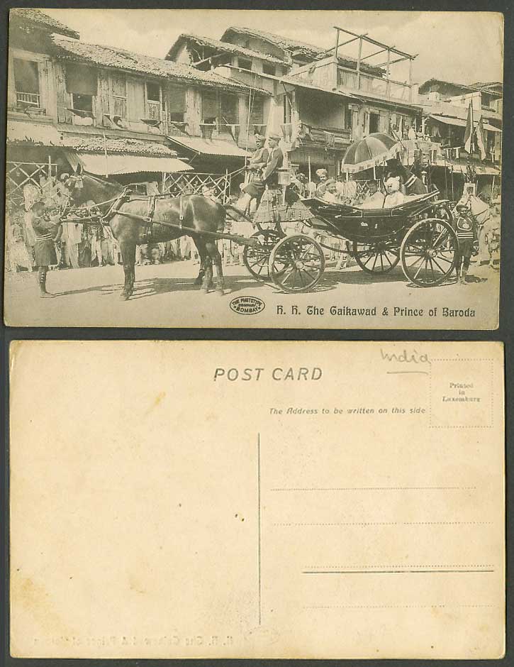 India Old Postcard H.H. The Gaikawad Gaikwad Prince of Baroda Horse Coach Street