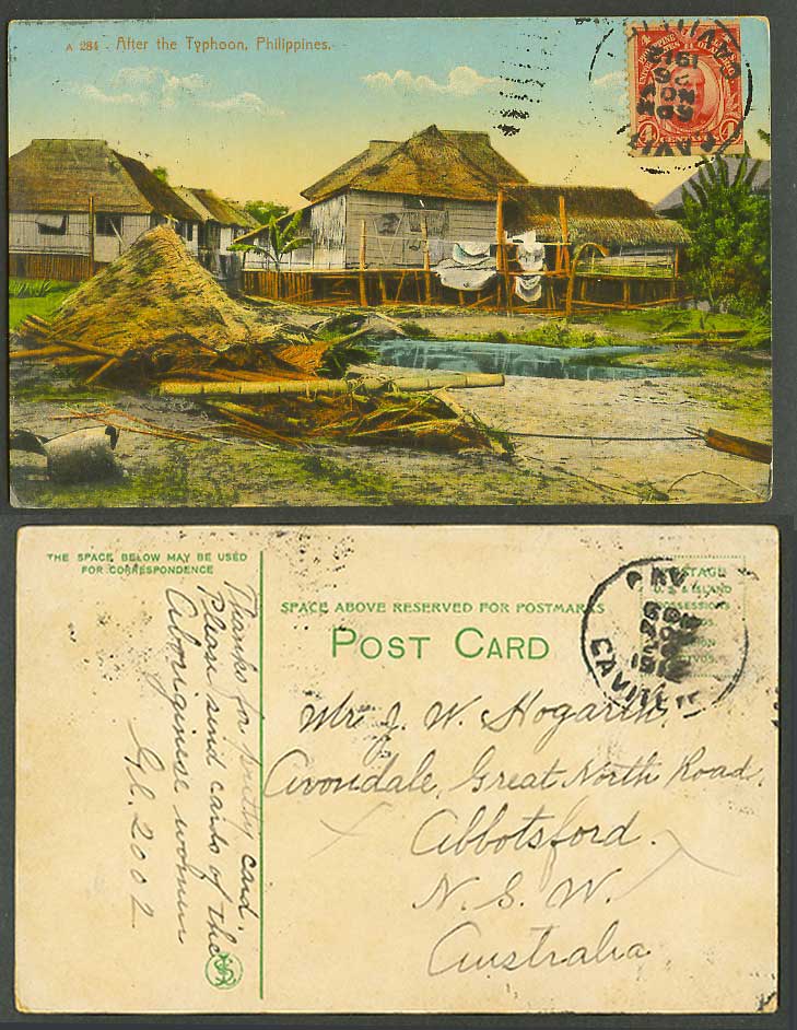 Philippines 4c 1912 Old Postcard After Typhoon Disaster, Native Houses on Stilts