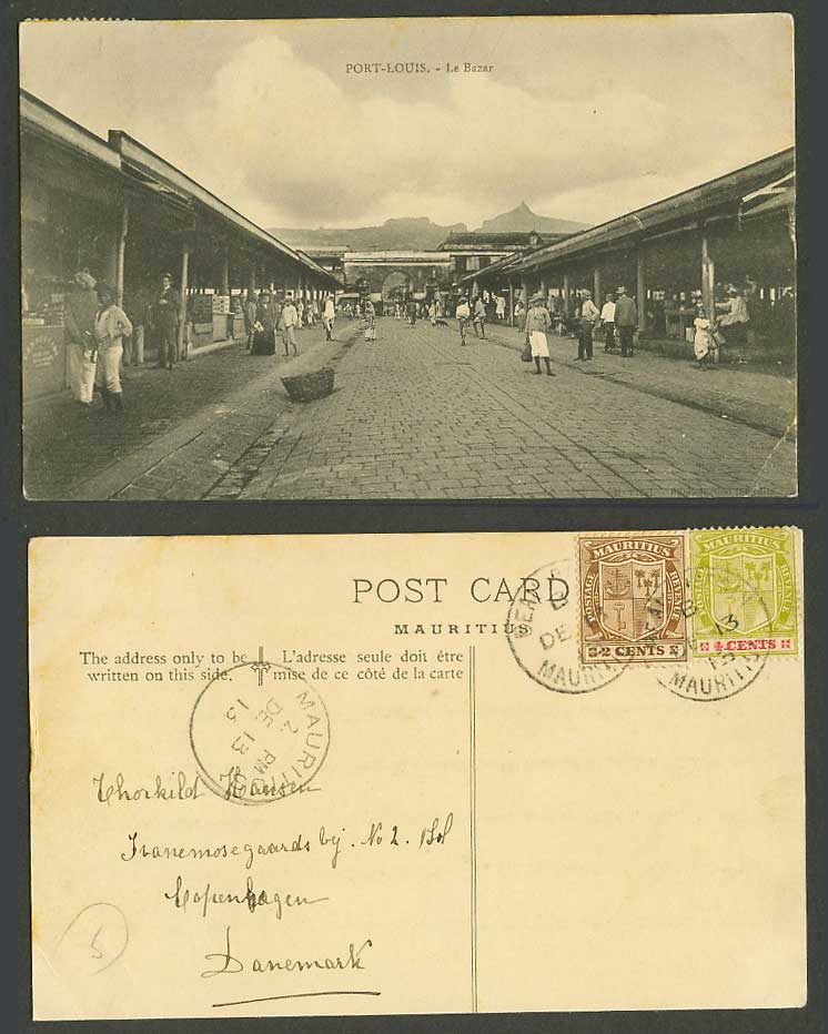 Mauritius 2c 4c 1913 Old Postcard Port Louis Le Bazar, Market Street Scene Shops