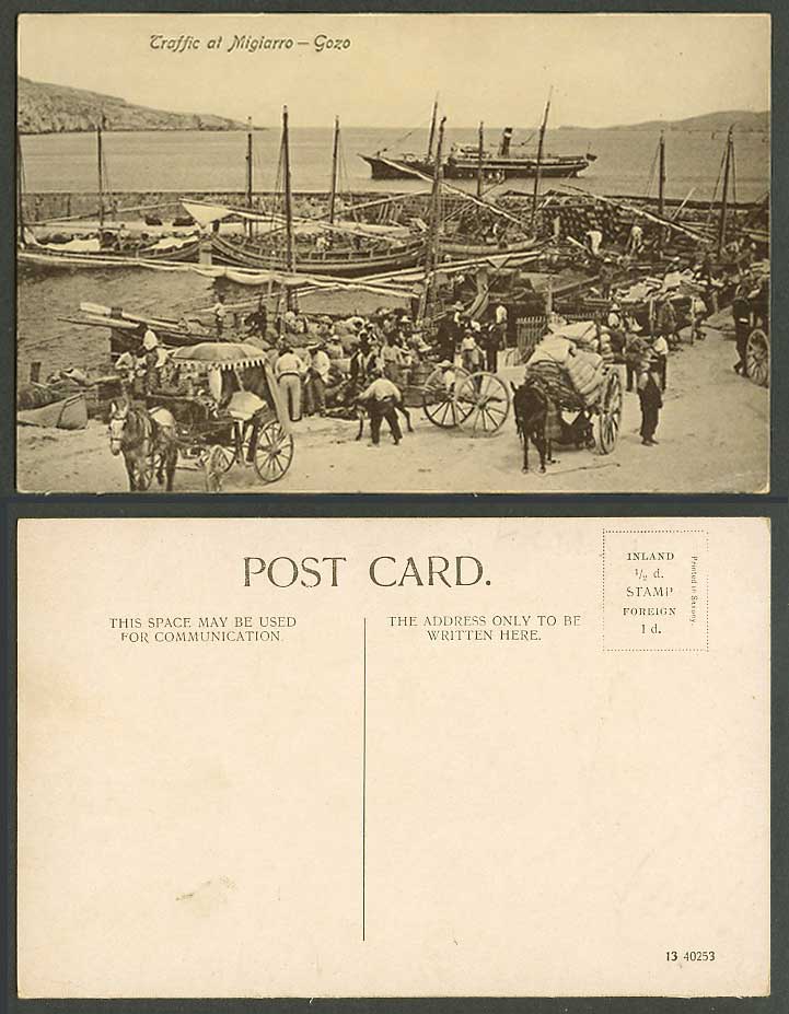 Malta Old Postcard Traffic at Migiarro, Gozo, Harbour Donkey Carts DGHAISA Boats