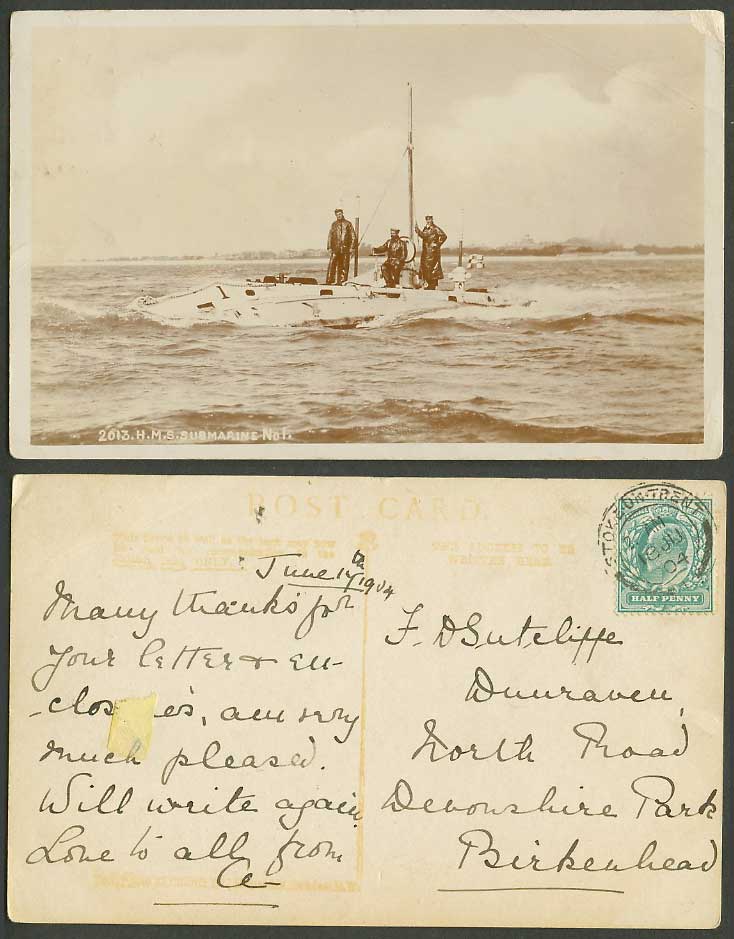 H.M.S. Submarine Holland No. 1 Royal Navy First Submarine 1904 Old R.P. Postcard