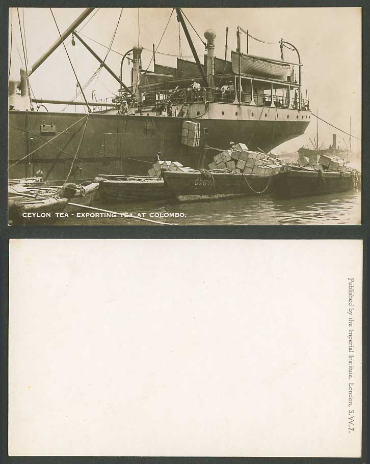 Ceylon Old Real Photo Postcard Exporting Tea at Colombo Harbour Boats Loading RP