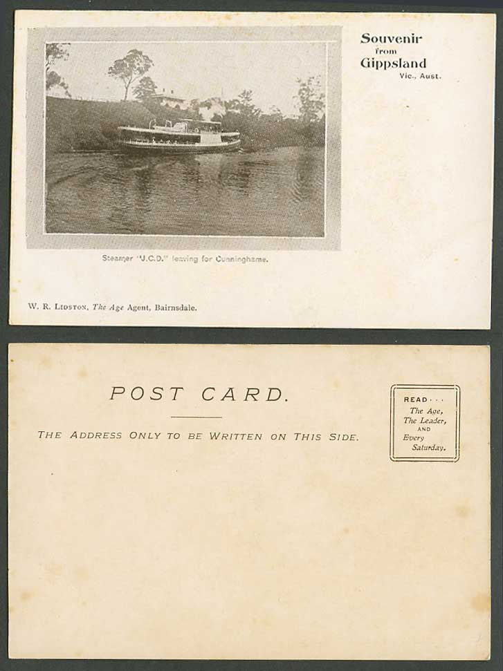 Australia Gippsland Victoria Steamer J.C.D. Leaving for Cunninghame Old Postcard