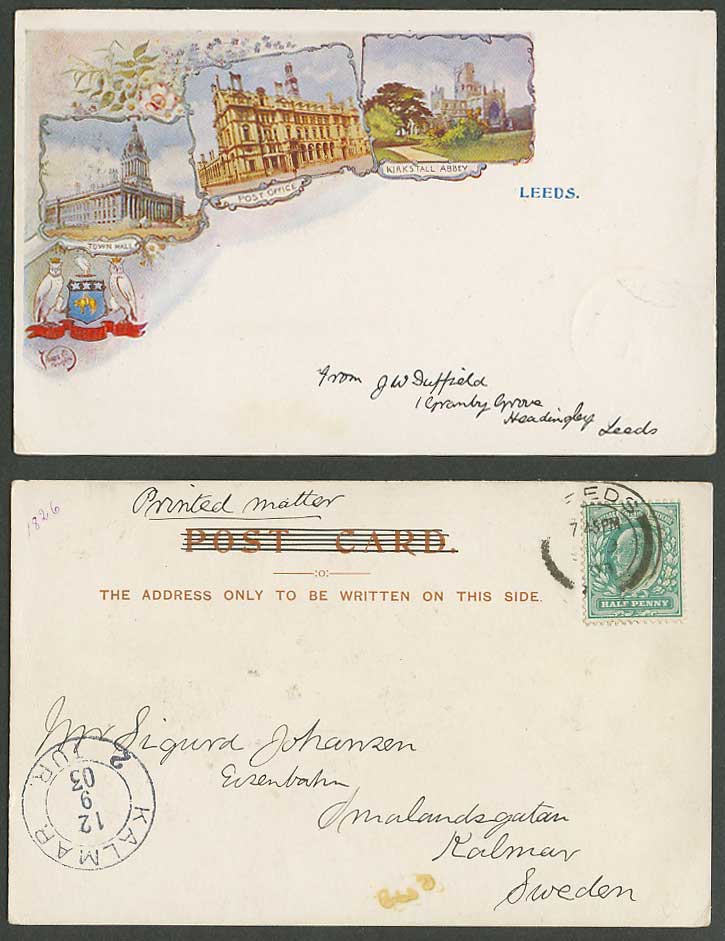 Leeds 1903 Old UB Postcard Post Office Town Hall Kiakstall Abbey Church Owl Bird