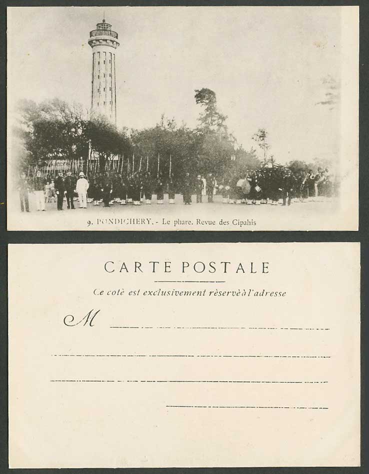 India Old UB Postcard Pondichery Lighthouse Cipahis Review Soldier Military Band