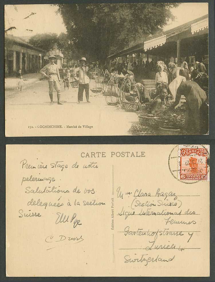 Indochina China 6c Junk Shanghai 上海 1927 Old Postcard Cochinchine Village Market