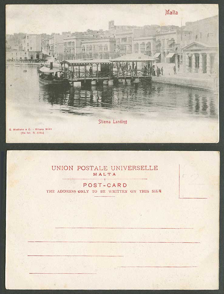 Malta Old UB Postcard Sliema Landing Place, Ferry Boat, Wharf Quay, Street Scene