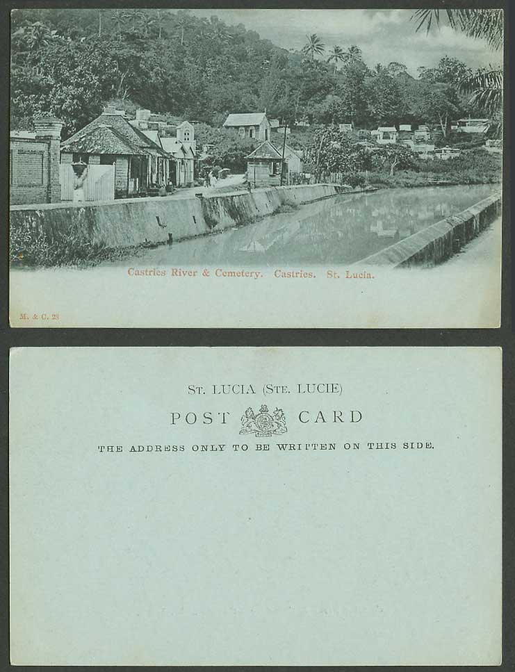 Saint St. Lucia Old UB Postcard Castries River and Cemetery, Church Street Scene