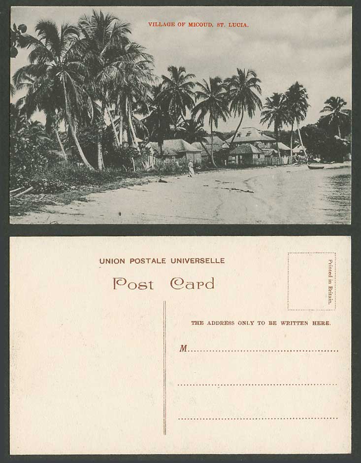 Saint St. Lucia Old Postcard Village of Micoud, Native Houses, Beach, Palm Trees