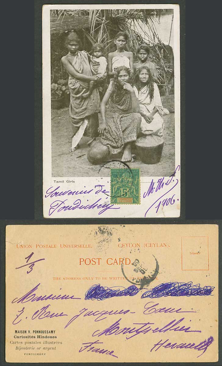 Ceylon Etablissements de l'Inde 15c 1906 Old UB Postcard Native Tamil Girls Baby
