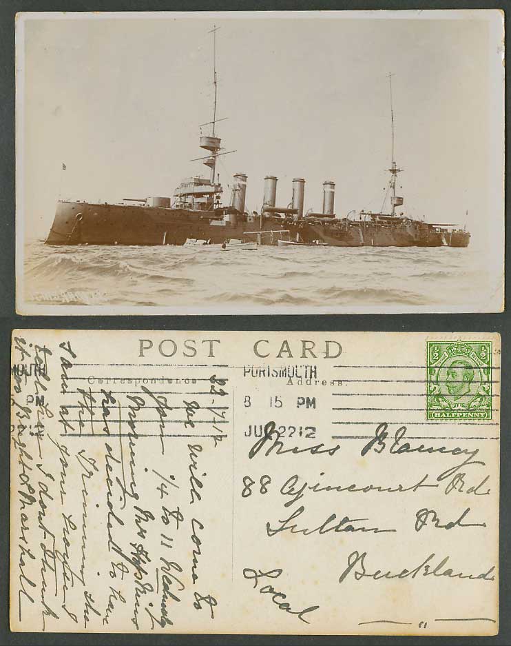 H.M.S. Argyll, Royal Navy Armoured Cruisers Warship 1912 Old Real Photo Postcard