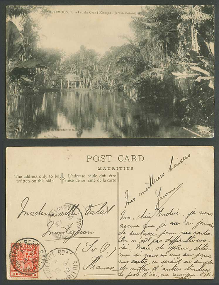 Mauritius 6c 1912 Old Postcard Pamplemousses Lac du Grand Kiosque Kiosk Lake Gdn
