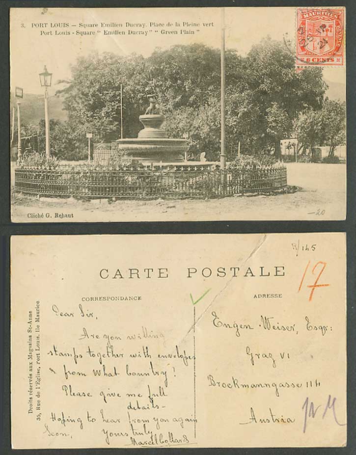 Mauritius 6c 1921 Old Postcard Port Louis Square Emilien Ducray Green Plain No.3