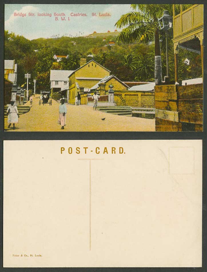Saint St. Lucia Castries, Bridge Street Scene Looking South, B.W.I. Old Postcard