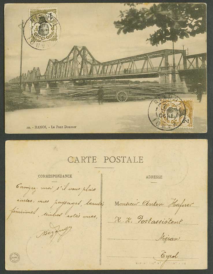 Indo-China 1c, 2c 1912 Old Postcard Hanoi Le Pont Doumer Bridge, Red River, Cart