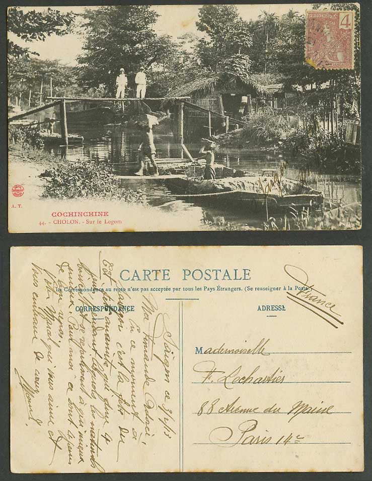 Indo-China 4c 1913 Old Postcard Cochinchine Cholon Sur le Logom Bridge Hut Boats