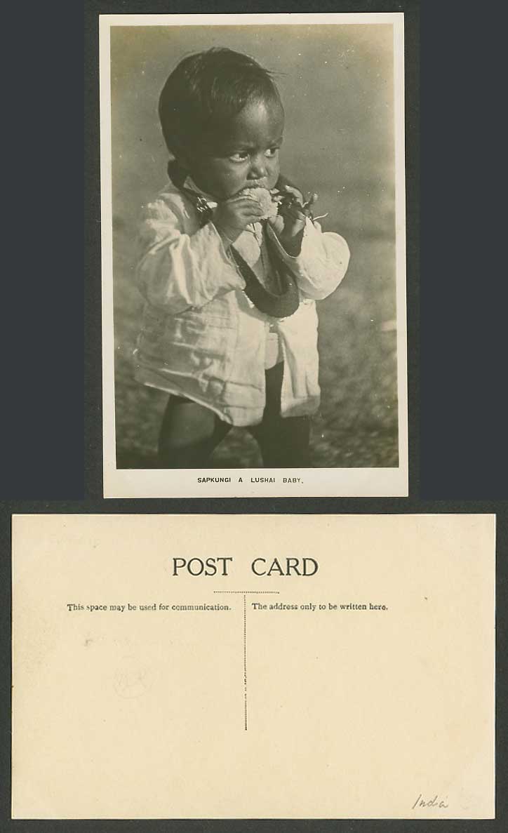 India Old Real Photo Postcard Sapkungi A Lushai Baby, Native Child Eating Ethnic
