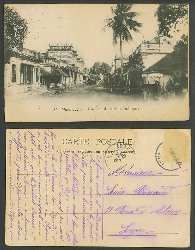 India 1907 Old Postcard Pondichery Rue de la Ville Indigene Comontis Street View