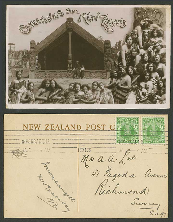 New Zealand KE7 1/2d 1913 Old R Photo Postcard Native Maori House Women Costumes