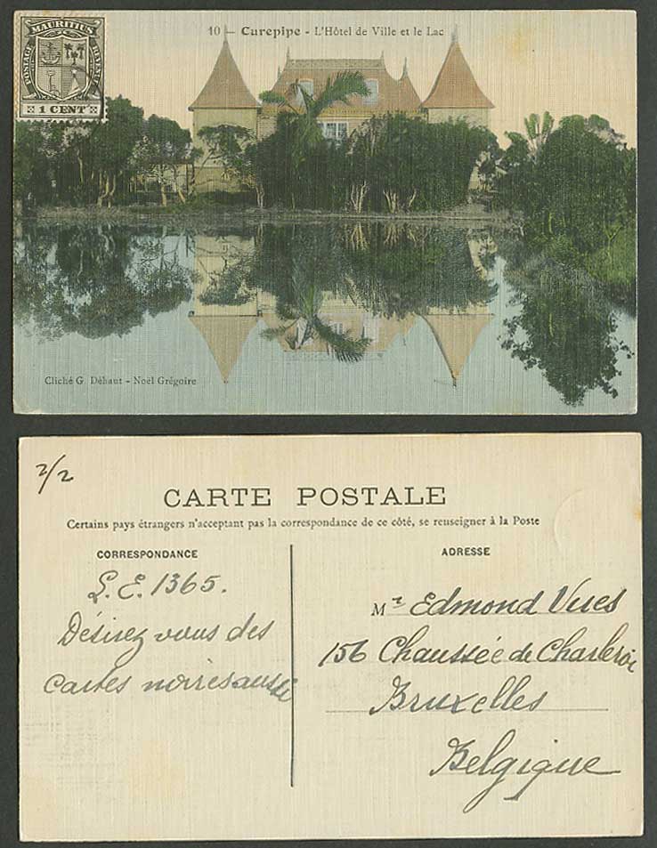 Mauritius 1c 1911 Old Colour Postcard Curepipe Town Hall & Lake L'Hotel de Ville