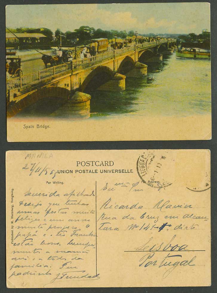Philippines 1913 Old Postcard Bridge of Spain Manila Pasig River Tram Horse Cart