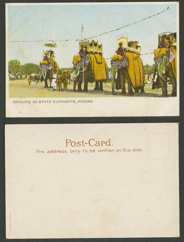 India Old Hand Tinted UB Postcard State Elephants Groups Mysore, Elephant Riders