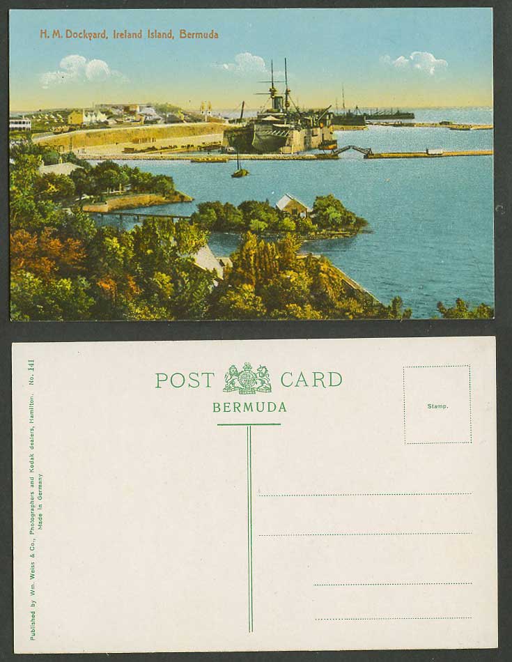 Bermuda Old Postcard H.M. Dockyard, Ireland Island, Warship Harbour Ships Bridge